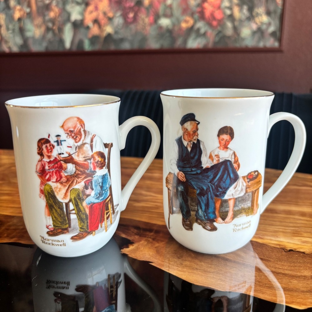 2 Norman Rockwell Museum Mugs The Toymaker Lighthouse Keepers Daughter 1982 Gold
